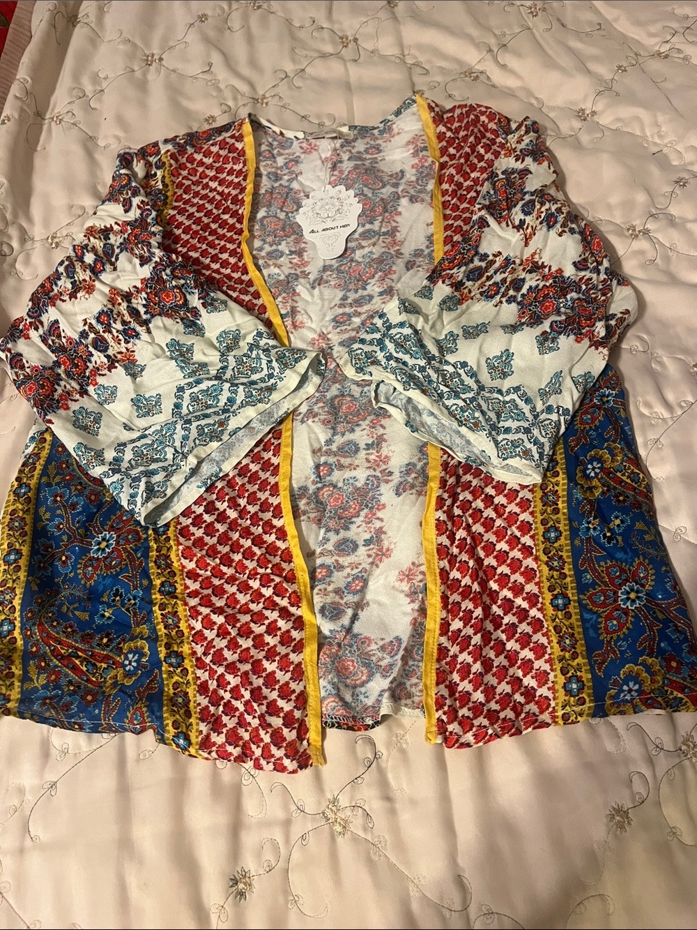 Boho Mixed-Print Open Front Blazer - Red, Blue & Cream